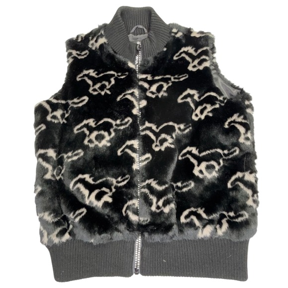 Powder River Outfitters Jackets & Blazers - Powder River Outfitters Faux Fur Western Vest Women XL Black Mustang Horse Print